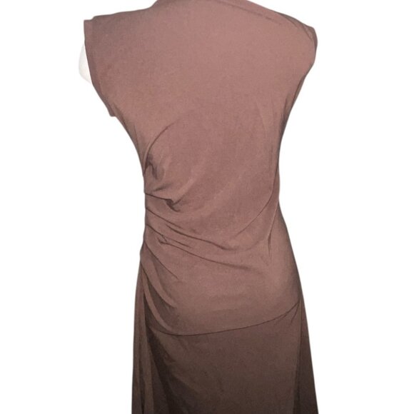 OGL Mockneck Tucks Midi Dress Sz Medium Womens Brown Sleeveless Stretchy Ruched - Picture 16 of 16